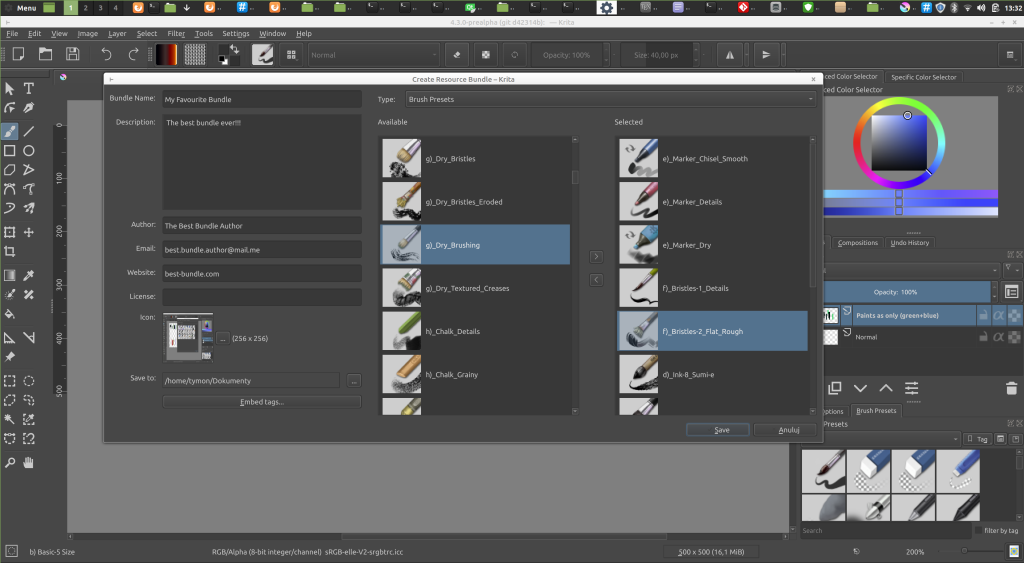 Screenshot showing Bundle Creator in Krita's resource rewrite version
